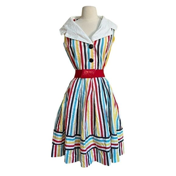 DREAMY Vintage 1950s Handmade One of a Kind Rainbow Shawl Collar Cotton Dress - Picture 2 of 11